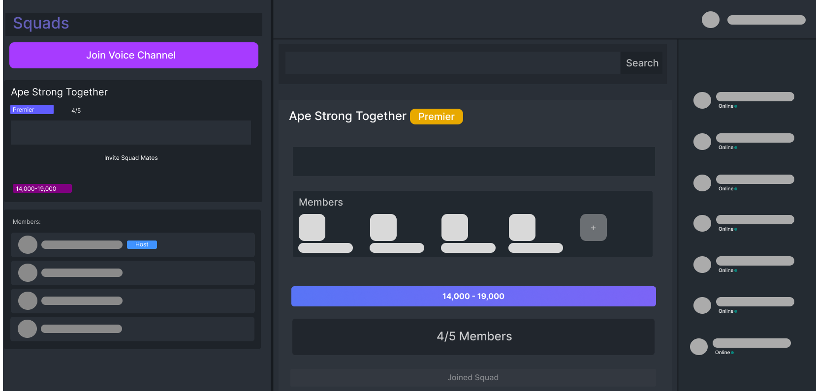 Screenshot of Squads app showing team management interface with Discord integration features